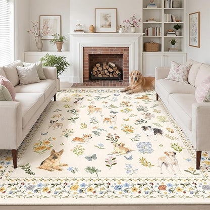 Soalmost Dog 9x12 Area Rugs for Living Room, Machine Washable Animal Floral Vintage Rug Non-Slip Low Pile Soft Throw Large Rugs for Classroom Bedroom Dining Room Nursery Playroom (9 x 12,Beige)