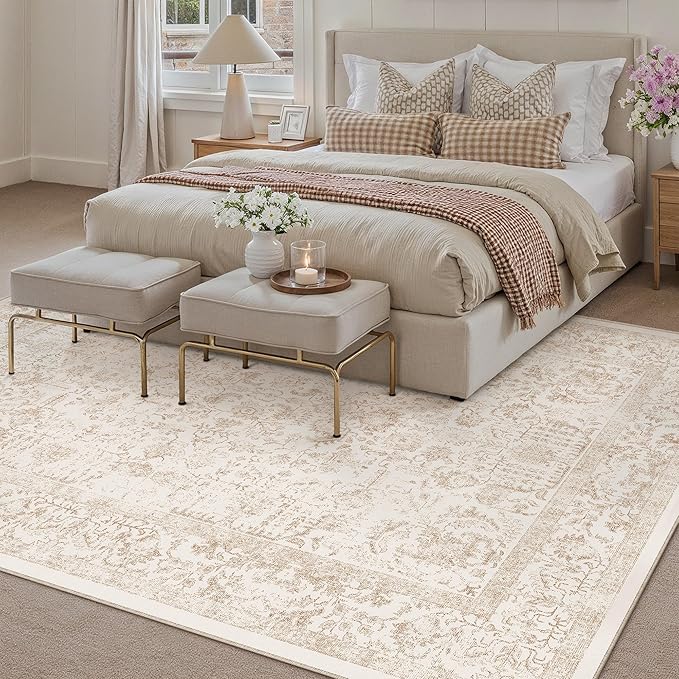 PureCozy Beige Area Rug 5x8 Machine Washable Vintage Living Room Distressed Non Slip Carpet Traditional Indoor Bedroom Retro Floral Accent Throw Large Rug for Office Kitchen Bathroom Dining Room