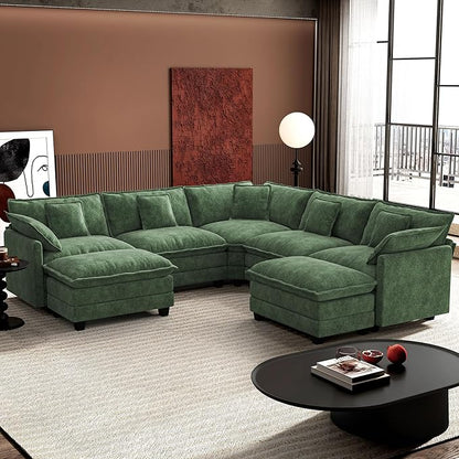 Ihanherry 114" V-Shaped Modern Sofa Modular Sectional Cloud Couch with 2 Ottoman, 7-Seat Chenille Deep Seat Sofa with Corner Section for Living Room, Bedroom and Apartment, Green