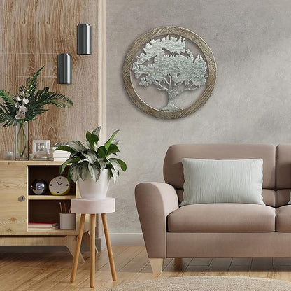 Hosley Metal Tree of Life Wall Art with Wooden Ring 20 Inch Round – Rustic Farmhouse Wall Décor for Living Room, Bathroom, Bedroom, Dining Room – Housewarming Gifts