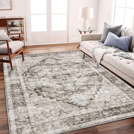 CHAMPLANT Area Rug 5'x7' Deep Khaki Washable Vintage Traditional Floor Cover Thin Retro Kitchen Indoor Distressed Non Slip Carpet for Living Room Bedroom Dining Room