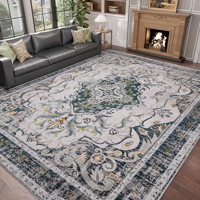 RUSHUFFY 8x10 Washable Rug for Living Room, Non-Slip Large Boho Vintage Print Pattern Carpet for Bedroom Dorm Dining Room Farmhouse Nursery Home Office, Grey White