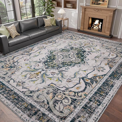 RUSHUFFY 8x10 Washable Rug for Living Room, Non-Slip Large Boho Vintage Print Pattern Carpet for Bedroom Dorm Dining Room Farmhouse Nursery Home Office, Grey White