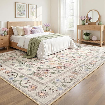 Maxsoft 6x9 Area Rugs for Living Room Bedroom, Floral Vintage Large Rug with Rubber Backing: Soft Non-Slip and Washable Low Pile Throw Carpet for Dining Room Kitchen Home Decor, Pink