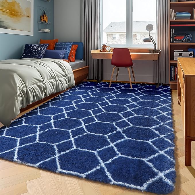 ONASAR Large 6x9 Area Rugs for Living Room, Fluffy Geometric Navy and White Rug for Boys Bedroom Home Decor Aesthetic, Soft Shaggy Plush Floor Carpet for Girls Teen Nursery Playroom Office Dorm