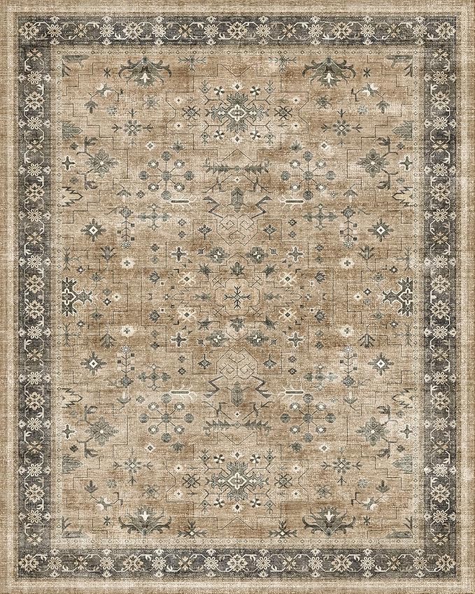 Taupe and Sage 8x10 Living Room Rug, Oriental Large Area Rug for Dining Room Under Table, Natural Washable Low Pile Bedroom Carpet, Non-Slip Stain Resistant Indoor Door Mat