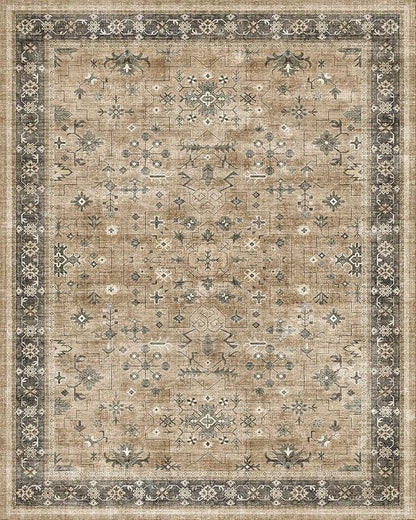 Taupe and Sage 8x10 Living Room Rug, Oriental Large Area Rug for Dining Room Under Table, Natural Washable Low Pile Bedroom Carpet, Non-Slip Stain Resistant Indoor Door Mat