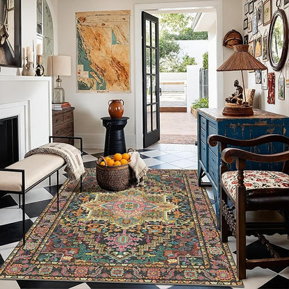 Kokia 4x6 Washable Black and Pink Area Rugs with Vintage Orient Design, Soft Rug for Living Room or Bedroom, Non-Slip Low Pile Stain Resistance Features, Distressed Medallion Pattern