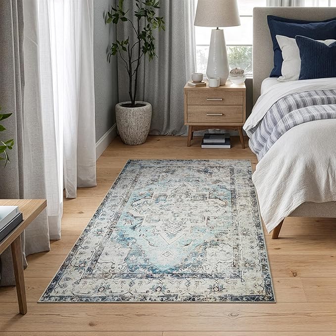 Bloom Rugs Washable Non-Slip 3' x 5' Rug - Beige/Blue Traditional Area Rug for Living Room, Bedroom, Dining Room, and Kitchen - Exact Size: 3' x 5'