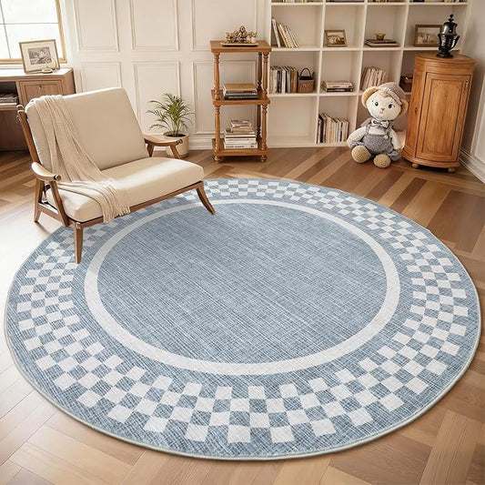 4ft Washable Round Rug for Entryway Modern Checkered Bedroom Circle Rug Non Slip Soft Dining Room Round Throw Carpet Small Stain Resistant Border Round Rugs for Living Room Kitchen Bathroom, Blue