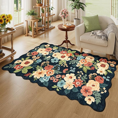 DUKINO 3x5 Area Rug, Floral Non-Slip Indoor Washable Rug with Low Pile & Non-Shedding, Lightwight Boho Design Carpet for Entryway, Bedroom, Kids Room, Living Room, Kitchen, Navy Blue