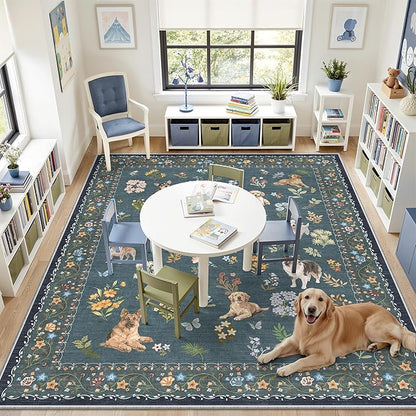 Soalmost Dog 9x12 Area Rugs for Living Room, Machine Washable Animal Floral Vintage Rug Non-Slip Low Pile Soft Throw Large Rugs for Classroom Bedroom Dining Room Nursery Playroom (9 x 12,Navy Blue)