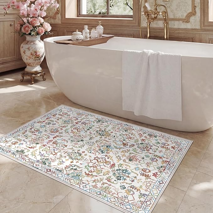 Colorful Area Rug 2x3 Entryway Rug for Bedroom Bathroom, Non-Slip Low-Pile Washable Boho Carpet Retro Accent Doormat for Laundry Room Hallway Kitchen 24x36 Inch