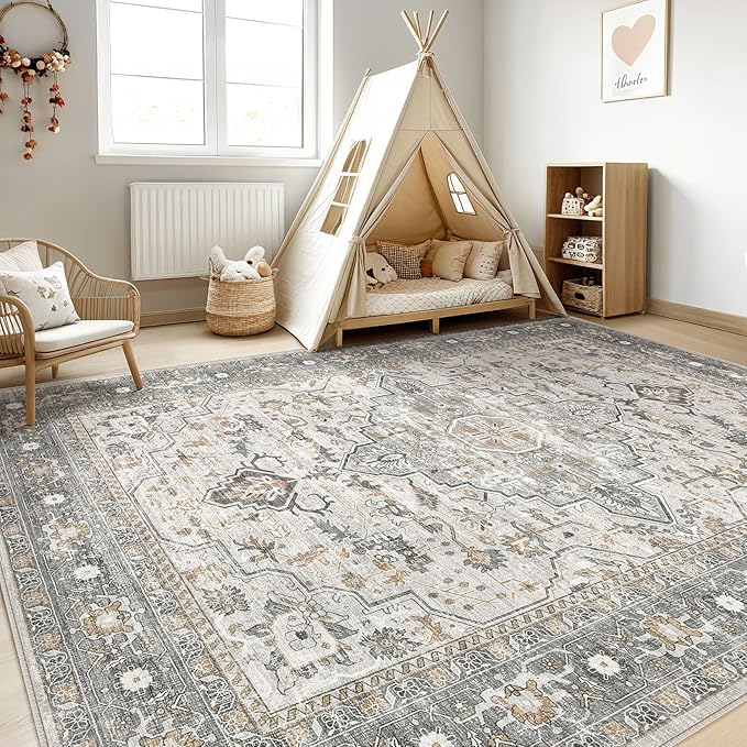 5x8 Area Rugs Living Room: Washable Boho Large Neutral Vintage Soft Rug Stain Resistant Distressed Farmhouse Non-Slip Indoor Floor Carpet for Bedroom Nursery Kids Office Dining Room- Taupe