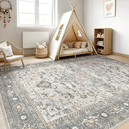 5x8 Area Rugs Living Room: Washable Boho Large Neutral Vintage Soft Rug Stain Resistant Distressed Farmhouse Non-Slip Indoor Floor Carpet for Bedroom Nursery Kids Office Dining Room- Taupe