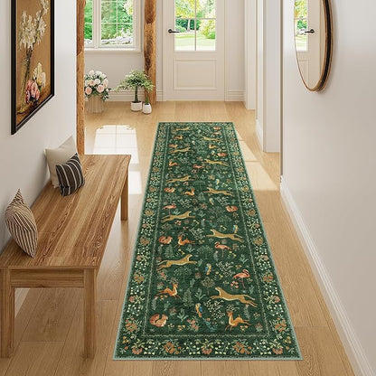 DUKINO Runner Rug, 2x7 Washable Kitchen Rugs for Hallways with Non Slip Backing, Soft Low Pile Vintage Animal Runner for Kitchen, Hallway, Entryway, Laundry, Bedroom, Green