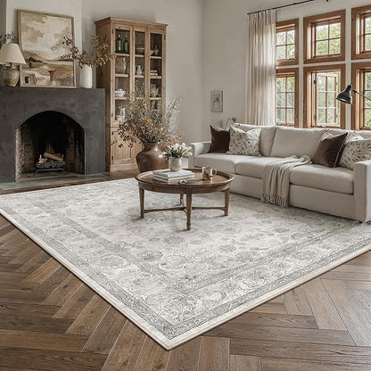 PureCozy Gray Area Rug 8x10 Washable Vintage Living Room Bedroom Carpet Non Slip Soft Low Pile Distressed Medallion Indoor Floor Grey Retro Throw Large Rug for Dining Room Office