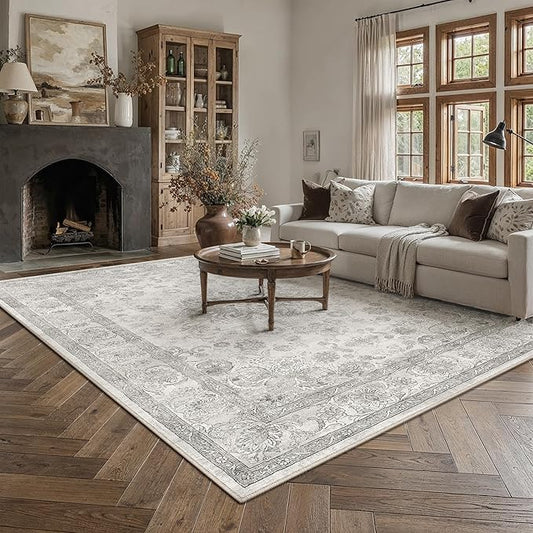 PureCozy Gray Area Rug 8x10 Washable Vintage Living Room Bedroom Carpet Non Slip Soft Low Pile Distressed Medallion Indoor Floor Grey Retro Throw Large Rug for Dining Room Office
