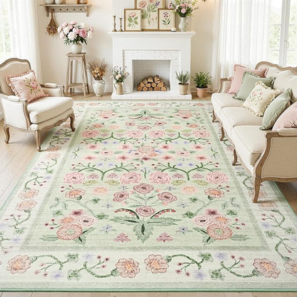 Maxsoft 4x6 Area Rugs for Living Room Bedroom, Floral Vintage Large Rug with Rubber Backing: Soft Non-Slip and Washable Low Pile Throw Carpet for Dining Room Kitchen Home Decor, Green