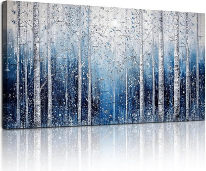 SERIMINO Birch Tree Landscape Wall Art, Abstract Forest Large Artwork for Walls, Modern Blue Aesthetic Canvas Prints, Nature Plant Trunk Wall Decor Living Room Bedroom Bathroom Kitchen 24"X48"