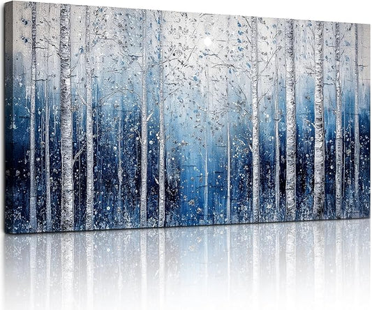 SERIMINO Birch Forest Wall Art, Nature Tree Extra Large Artwork, Spiritual Landscape Canvas Painting, Blue and White Aesthetic Pictures Wall Decor Living Room Bedroom Office Art Prints 29"X57"