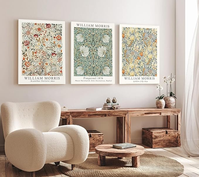 Induslyfe Large Framed Flower Wall Art Canvas Decor Set of 3, William Morris Framed Prints Mid Century Modern Art, Aesthetic Floral Botanical Wall Art for Bedroom Living Room Bathroom 18x24