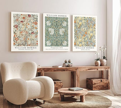 Induslyfe Large Framed Flower Wall Art Canvas Decor Set of 3, William Morris Framed Prints Mid Century Modern Art, Aesthetic Floral Botanical Wall Art for Bedroom Living Room Bathroom 18x24
