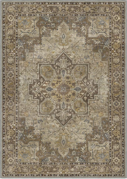 GENIMO 8x10 Area Rugs for Living Room, Machine Washable Non Slip Vintage Rugs, Low Pile Lightweight Chenille Print Rug for Bedroom, Dining Room, Home Office, Rustic Brown