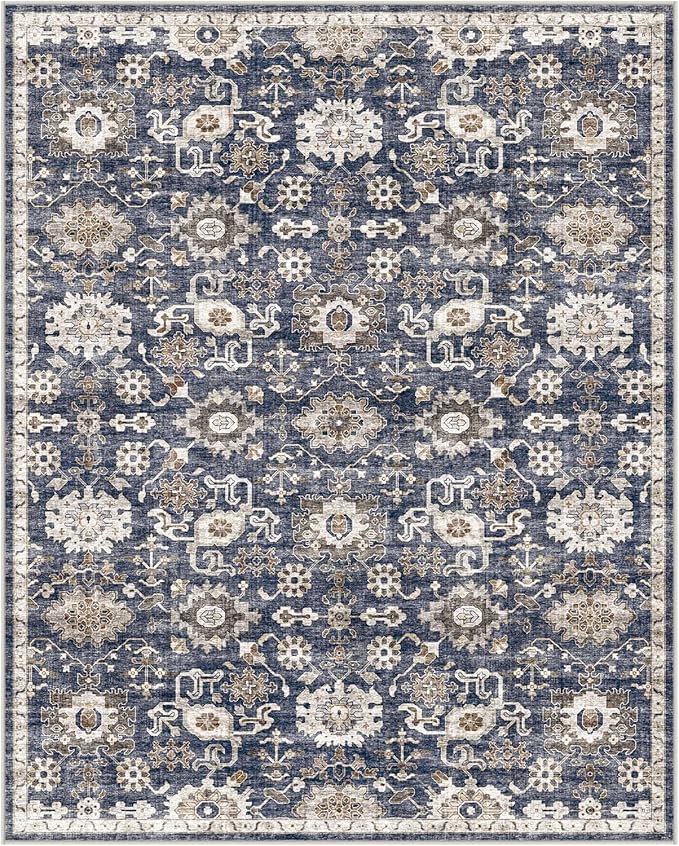 AMADA HOMEFURNISHING 10x14 Washable Area Rug, Low-Profile Large Area Rug with Non-Slip Backing & Durable Edge Binding, Vintage Large Rugs for Living Room, Bedroom & Dining Room