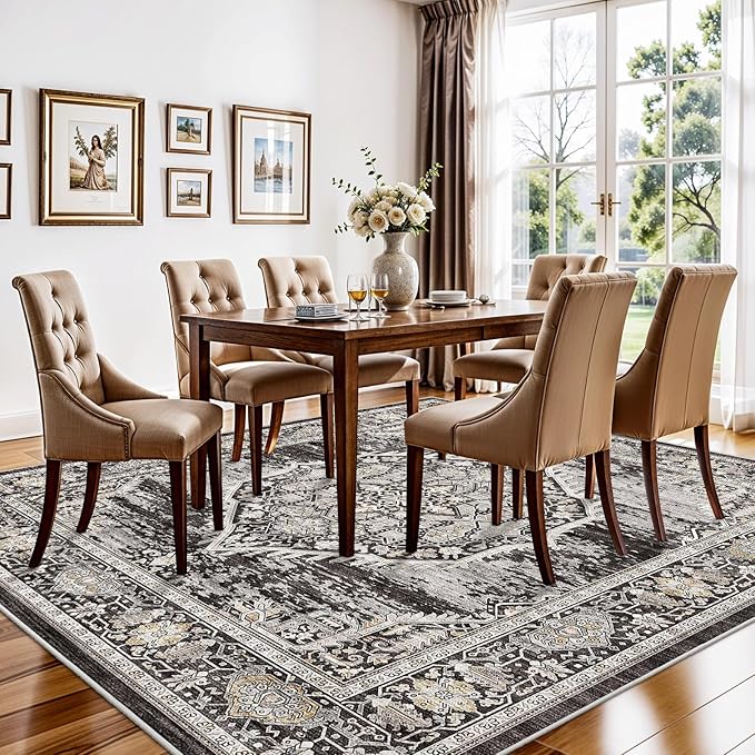 7x7 Area Rug Washable Living Room Rugs: 7ft Square Ultra Thin Soft Oriental Area Rugs Non-Slip Backing Farmhouse Rug Low Pile Thin Stain Resistant Indoor Carpets, 7' x 7' Black