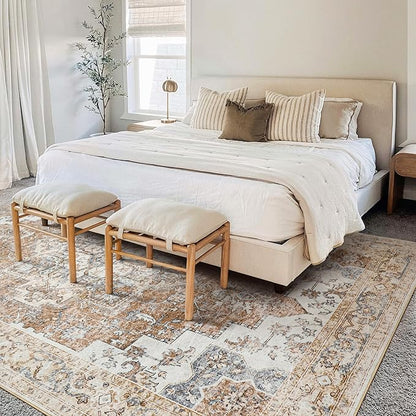 GENIMO 6x9 Area Rugs for Living Room, Machine Washable Non Slip Rugs, Low Pile Lightweight Vintage Print Rug for Bedroom, Dining Room, Home Office, Orange&Beige