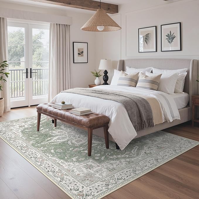 GENIMO 5X7 Washable Vintage Area Rugs for Living Room, Non-Slip Low Pile Chenille Print Rug, Soft Rugs for Bedroom Dining Room Home Office, Sage & Linen