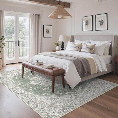 GENIMO 8X10 Washable Vintage Area Rugs for Living Room, Non-Slip Low Pile Chenille Print Rug, Soft Rugs for Bedroom Dining Room Home Office, Sage & Linen