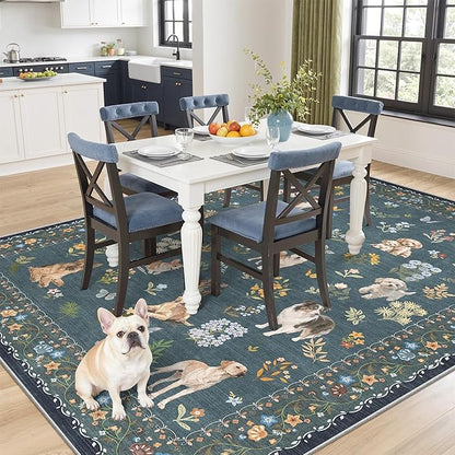 Soalmost Dog 5x7 Area Rugs for Living Room, Machine Washable Animal Floral Vintage Rug Non-Slip Low Pile Soft Throw Rugs for Kitchen Dining Room Bedroom Nursery Playroom (5 x 7,Navy Blue)