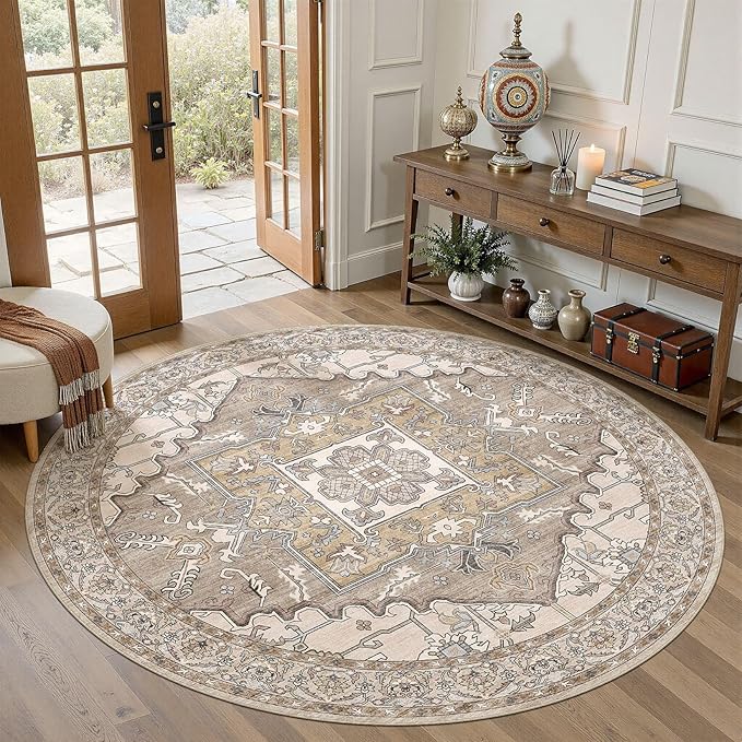 6ft Round Rug for Living Room: 6x6 Washable Vintage Brown Area Rug, Large Non Slip Soft Stain Resistant Indoor Floor Carpet for Bedroom Dining Decor Home Office Kid & Pet Friendly