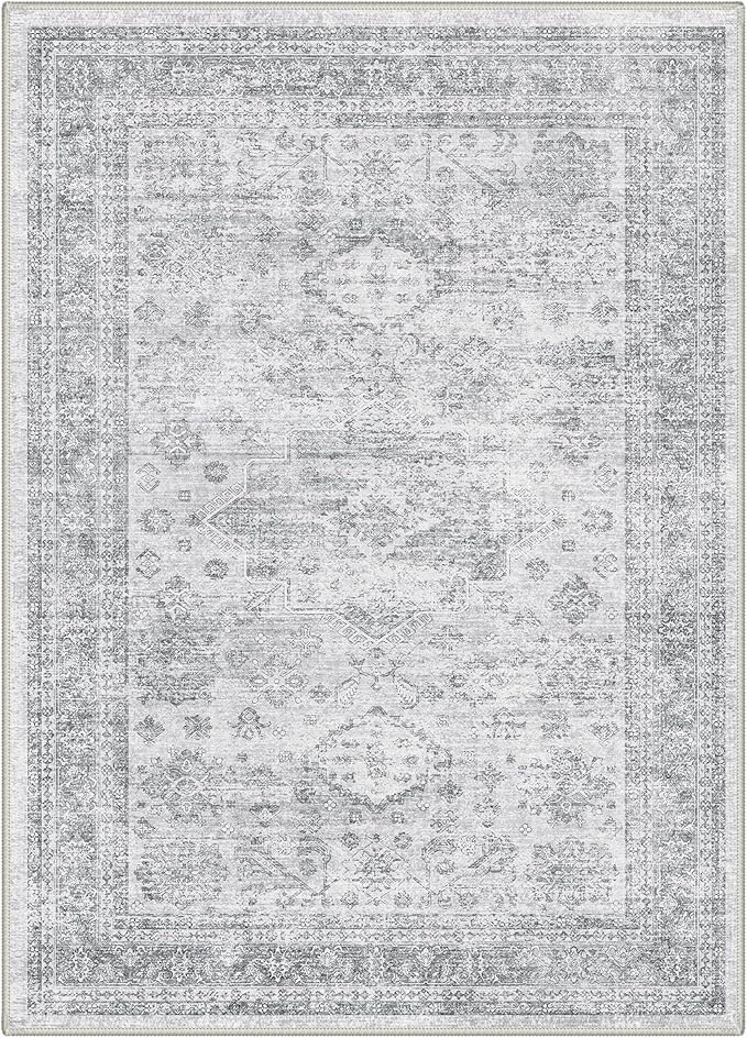 GENIMO 8x10 Area Rugs for Living Room, Machine Washable Non Slip Vintage Rugs, Low Pile Lightweight Chenille Print Rug for Bedroom, Dining Room, Home Office, Grey