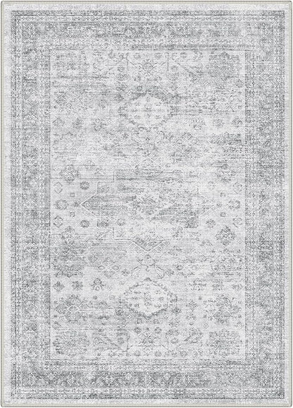 GENIMO 8x10 Area Rugs for Living Room, Machine Washable Non Slip Vintage Rugs, Low Pile Lightweight Chenille Print Rug for Bedroom, Dining Room, Home Office, Grey