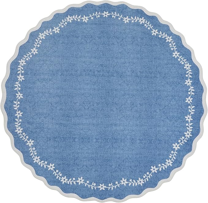 GarveeHome Round Area Rugs 5ft for Bedroom, Solid Navy Washable Circle Rug Soft Non Slip Floral Print Floor Mat Carpet Indoor Thin Rug for Kids Room Dining Room Playroom Nursery