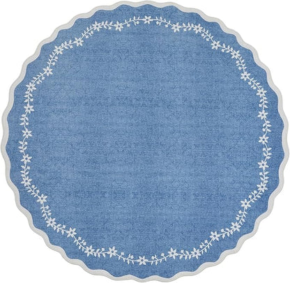 GarveeHome Scalloped Round Area Rugs 8ft for Living Room, Large Solid Navy Washable Circle Rug Soft Non Slip Floral Print Floor Mat Carpet Indoor Thin Rug for Bedroom Dining Room Playroom Nursery