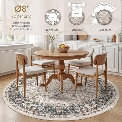 Area Rug for Living Room - 8x8 Large Soft Washable Oriental Vintage Floral Carpet Safe for Babies & Pets - Fade Stain Resistant Non Slip Rugs for Bedroom Dining Room Nursery Dorm Office Home Decor