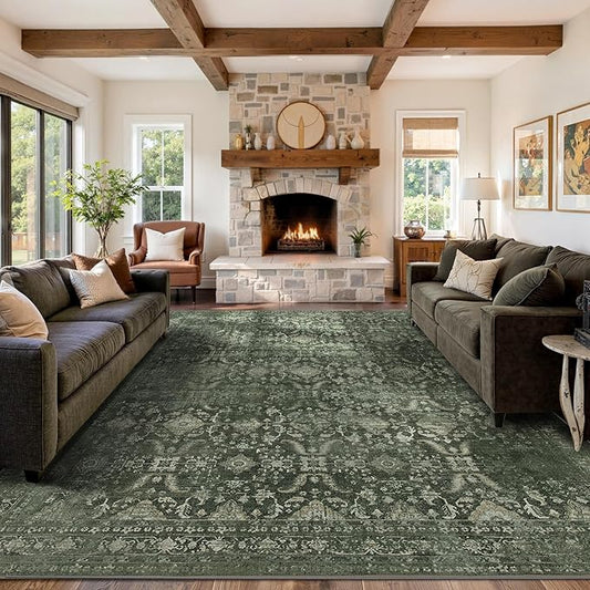 Rugxara 9x12 Area Rugs for Living Room Bedroom, Large Washable Rug, Green Vintage Floral Boho Rug, Non Slip & Low Pile Faux Wool Thin Carpet for Indoor Dining Room and Kids Room(Green 9x12ft)