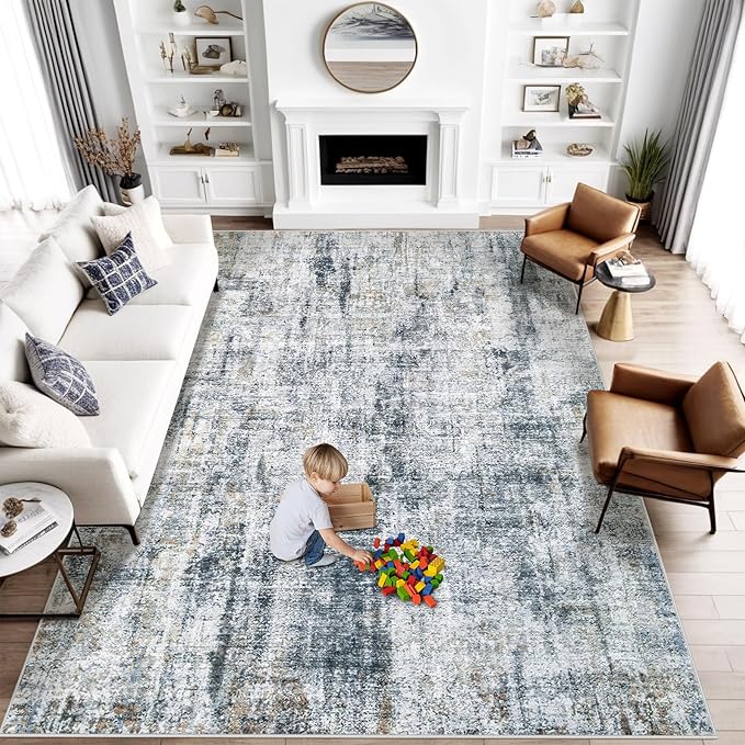 9x12 Area Rug for Living Room: Washable Abstract Soft Rugs Non Slip Modern Stain Resistant Low Pile Carpet for Dining Room Bedroom Nursery Office (Multi Blue, 9'x12')
