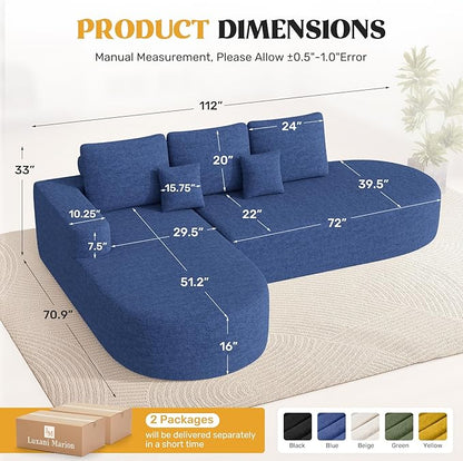 112" Modern Curved Cloud Couch, Chenille Boneless Couches for Living Room with Deep Seat, Memory Foam Compressed Modular Sectional Sofa, No Assembly Required,Navy Blue 1 PCS