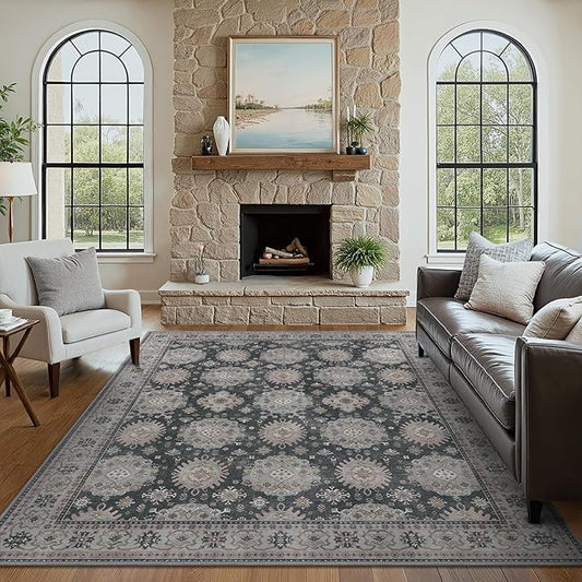 5x7 Area Rug Machine Washable Boho Rug for Living Room,Ultra-Thin Low Pile Carpet,Lightweight Indoor Printed Rug,Non Slip Floral Area Rug for Bedroom, Dining Room, Home Office,Black