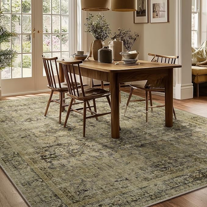 Washable 6x9 Area Rugs for Living Room, Boho Non-Slip Vintage Distress Large Rugs for Bedroom Dining Room Nursery Office, 0.3" Neutral Oriental Throw Thin Carpet, Moss/Yellow/Multi, C3