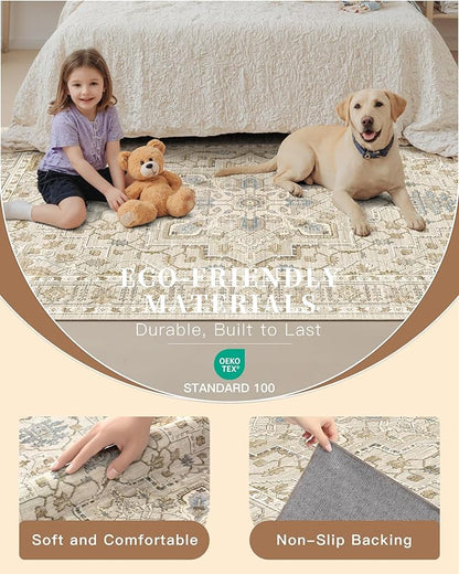 Madane Hallway Runner Rug 2'6''x16' Kitchen Runner - Non Slip Vintage Runners for Hallways Washable Kitchen Rugs Soft Low Pile 2.5x16 ft Rug Runners for Laundry Room, Entryway and Bedroom, Beige/Blue