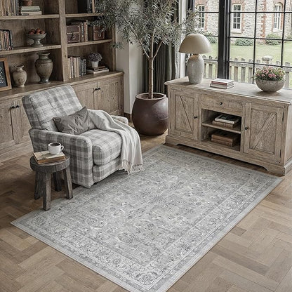 PureCozy Gray 3x5 Area Rug Entryway Washable Vintage Carpet Office Small Indoor Non Slip Soft Low Pile Thin Stain Resistant Distressed Accent Throw Rug for Entrance Bedroom Dining Living Room