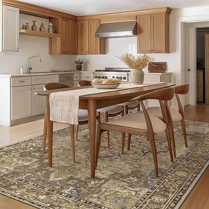 GENIMO 8x10 Area Rugs for Living Room, Machine Washable Non Slip Vintage Rugs, Low Pile Lightweight Chenille Print Rug for Bedroom, Dining Room, Home Office, Rustic Brown