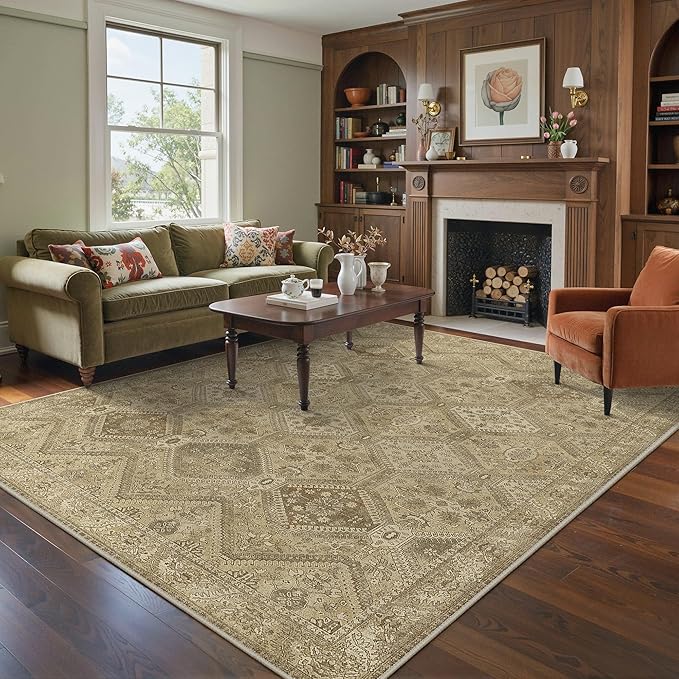 Bavni 8x10 Area Rug Washable Rug for Living Room Bedroom, Vintage Print Carpet, Low Pile Lightweight Mat with Non Slip Backing, Light Brown