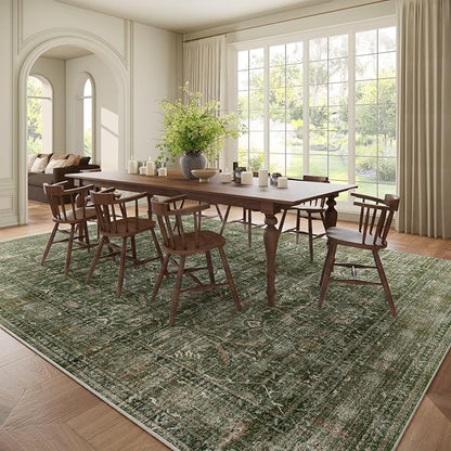 Washable 10x14 Area Rugs for Living Room, Boho Non-Slip Vintage Distress Large Rugs for Bedroom Dining Room Office, 0.3" Neutral Oriental Throw Thin Carpet, Grass Green/Multi, D1